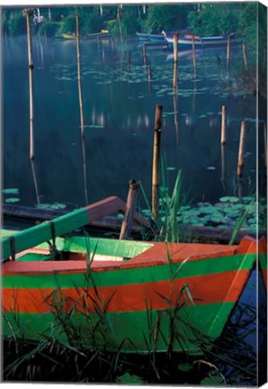 Framed Colorful Boat Moored at Lake Bratan, Bali, Indonesia Print