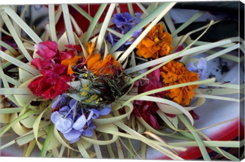 Framed Flowers and Palm Ornaments, Offerings for Hindu Gods at Temple Ceremonies, Bali, Indonesia Print