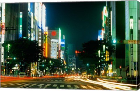 Framed Expensive Shopping District with Night Traffic, Ginza Area, Tokyo, Japan Print