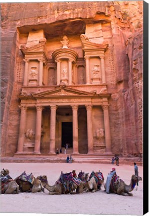 Framed Camels at the Facade of Treasury (Al Khazneh), Petra, Jordan Print