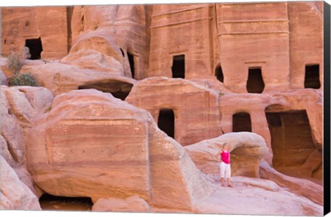 Framed Tourist with Uneishu Tomb, Petra, Jordan Print