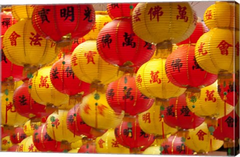 Framed Red and yellow Chinese lanterns hung for New Years, Kek Lok Si Temple, Island of Penang, Malaysia Print