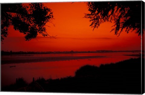 Framed Sunset on Mekong River and Boats, Laos Print