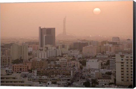 Framed Qatar, Ad Dawhah, Doha. Aerial View of Dowtown / Sunset Print