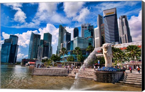 Framed Merlion, symbol of Singapore, and downtown skyline in Fullerton area of Clarke Quay. Print