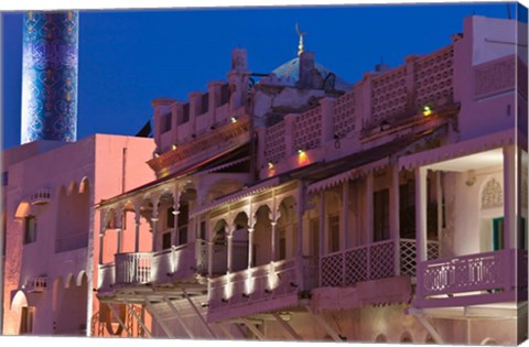 Framed Oman, Muscat, Mutrah. Mutrah Corniche, Restored Merchant Buildings / Evening Print