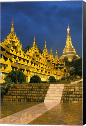 Framed Asia, Myanmar, Yangon. Shwedagon Pagoda at night. Print