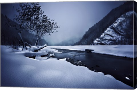 Framed Small river in the misty, snowy mountains of Ritsa Nature Reserve Print