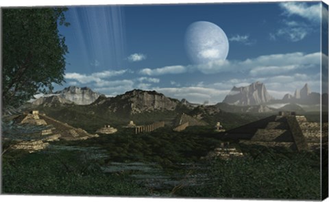 Framed Artist&#39;s concept of Mayan like ruins on a ringed planet Print