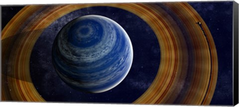 Framed ringed blue gas giant with shepherd moon in the rings Print