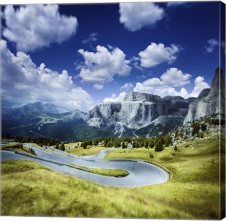 Framed Winding road in a forest of Dolomite Alps, Northern Italy Print