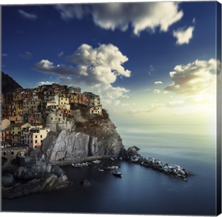 Framed View of Manarola on the rocks at sunset, La Spezia, Liguria, Northern Italy Print