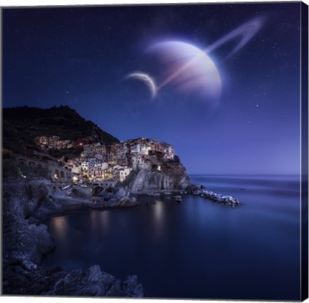 Framed View of Manarola on a starry night with planets, Northern Italy Print