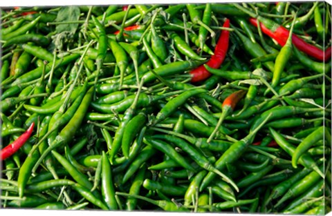 Framed Maeklong railroad tracks market, Thai peppers, Bangkok, Thailand Print