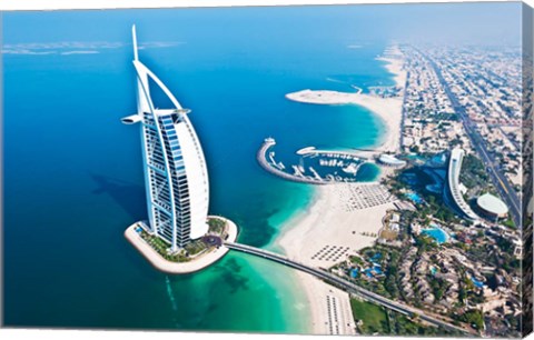 Framed Aerial view of the Burj Al Arab, Dubai, United Arab Emirates Print