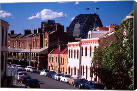 Framed Historic Buildings and Sydney Harbor Bridge, The Rocks, Sydney, Australia Print