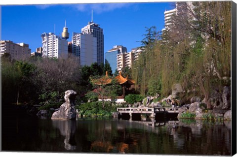 Framed Chinese Garden, Darling Harbor, Sydney, Australia Print