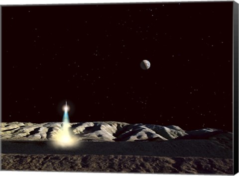 Framed Moonship Lifts Off from the Lunar Hills Print