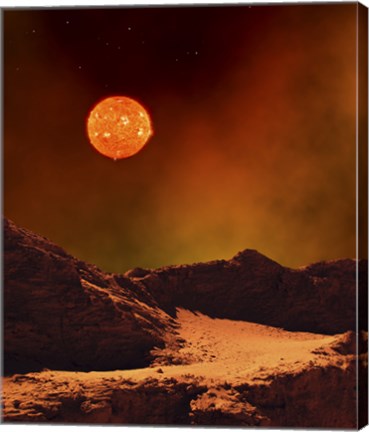 Framed Rugged Planet Landscape Dimly Lit by a Distant Red Star Print