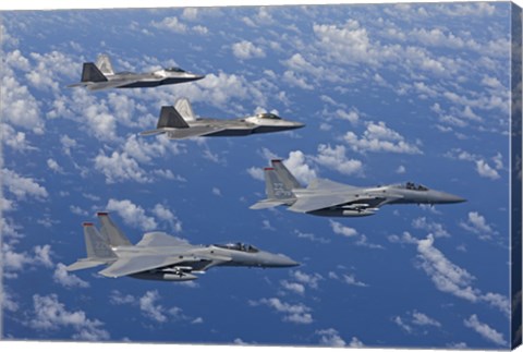 Framed F-15 Eagles and F-22 Raptors Fly in Formation Print