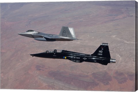 Framed F-22 Raptor and T-38 Talon Fly in Formation over New Mexico Print