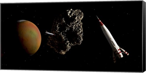 Framed Two 1950&#39;s Styled Spaceships Near Mars and its Moon Deimos Print