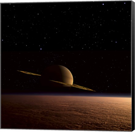 Framed Saturn Floats in the Background Above Titan Print