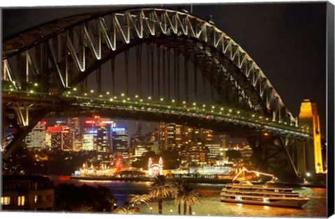 Framed Australia, NSW, Sydney Harbour Bridge, Tour Boat at Night Print