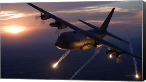 Framed C-130 Hercules Releases Flares over Kansas Print