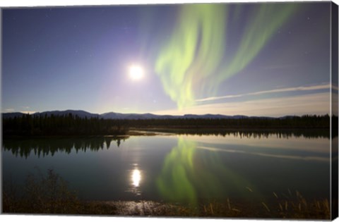 Framed Aurora Borealis with Full Moon over the Yukon River in Canada Print