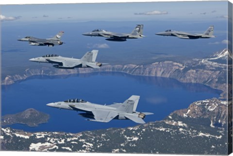 Framed Five Ship Aircraft Formation Flies over Crater Lake, Oregon Print