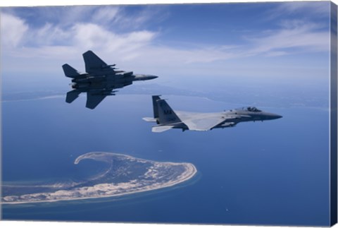 Framed Two F-15 Eagles Fly High over Cape Cod, Massachusetts Print