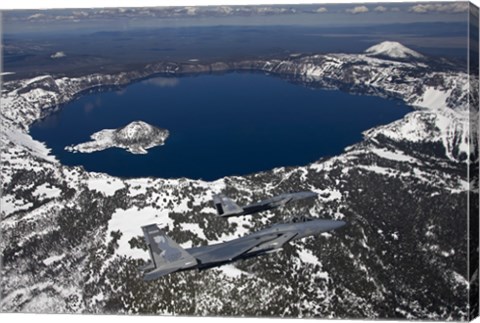 Framed Two F-15 Eagles Fly over Crater Lake in Central Oregon Print