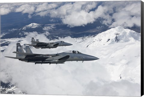 Framed Two F-15 Eagles Fly Past Snow Capped Peaks in Central Oregon Print