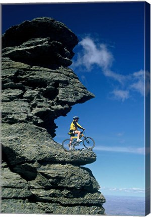 Framed Mountain Biker and Rock Tor, Dunstan Mountains, Central Otago Print