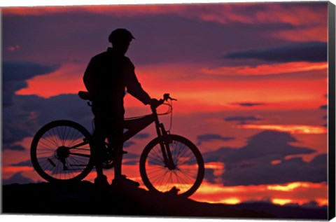 Framed Mountain Biker and Sunset, Dunstan Mountains, Central Otago Print