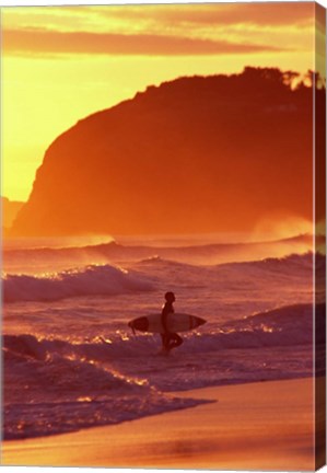 Framed Surfer at Sunset, St Kilda Beach, Dunedin, New Zealand Print