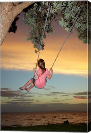 Framed Girl, Rope Swing, Family Fun, Thames, New Zealand Print