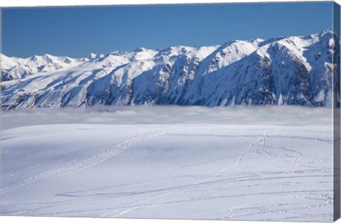 Framed Roundhill Ski Area with fog covered Lake Tekapo and the Hall Range, South Island, New Zealand Print