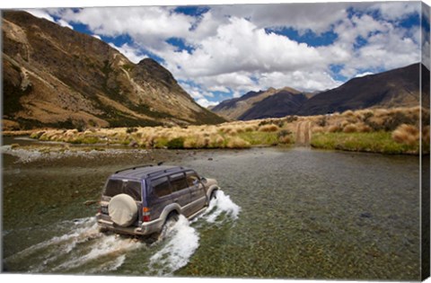 Framed 4WD crossing Mararoa River, Mavora Lakes, Southland, South Island, New Zealand Print