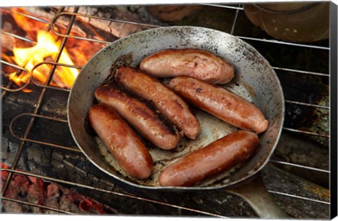 Framed Cuisine, Sausages on campfire, South Island, New Zealand Print