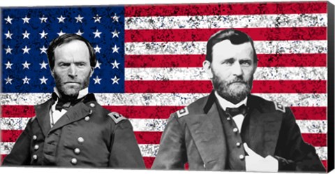 Framed General Sherman and General Ulysses S Grant with American Flag Print