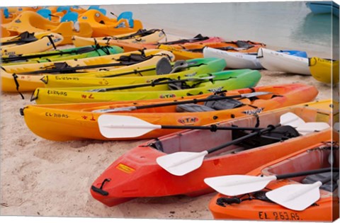 Framed Bahamas, Eleuthera, Princess Cays, beach kayaks Print