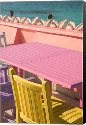 Framed Colorful Cafe Chairs at Compass Point Resort, Gambier, Bahamas, Caribbean Print