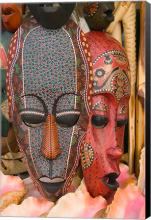 Framed Masks and Conch Shells at Straw Market, Nassau, Bahamas, Caribbean Print