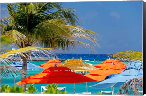 Framed Umbrellas and Shade at Castaway Cay, Bahamas, Caribbean Print