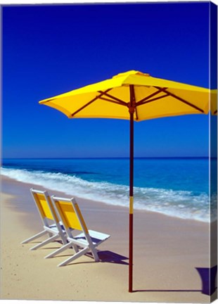 Framed Yellow Chairs and Umbrella on Pristine Beach, Caribbean Print