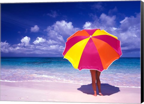 Framed Female Holding a Colorful Beach Umbrella on Harbour Island, Bahamas Print