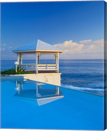 Framed Gazebo reflecting on pool with sea in background, Long Island, Bahamas Print