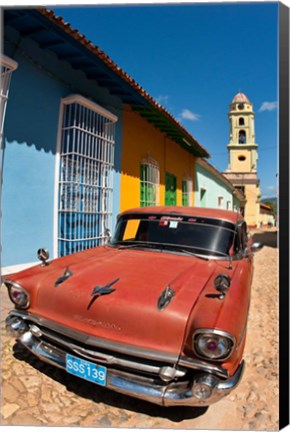 Framed Old Classic Chevy on cobblestone street of Trinidad, Cuba Print